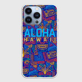 Чехол для iPhone 13 Pro с принтом ALOHA HAWAII | АЛОХА ГАВАЙИ в Новосибирске,  |  | Тематика изображения на принте: aloha | aloha hawaii | hawaii | гаваи | гавайи | гавайские маски | индийские маски | маска тики | маски | маски тики | надпись | пальмы | синий | тики