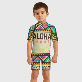 Детский купальный костюм 3D с принтом АЛОХА ГАВАЙИ, ALOHA, SUMMER в Новосибирске, Полиэстер 85%, Спандекс 15% | застежка на молнии на спине | aloha | aloha hawaii | hawaii | serfing | summer | гаваи | гавайи | гавайский паттрен | дайвинг | лето | море | отпуск | пляж | серфинг | текстура