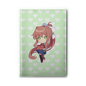 Обложка для автодокументов с принтом Chibi Monika в Новосибирске, натуральная кожа |  размер 19,9*13 см; внутри 4 больших “конверта” для документов и один маленький отдел — туда идеально встанут права | Тематика изображения на принте: ddlc | doki doki literature club | monika | моника