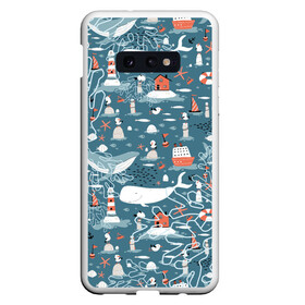 Чехол для Samsung S10E с принтом Море и его жители в Новосибирске, Силикон | Область печати: задняя сторона чехла, без боковых панелей | киты | кораллы | маяк | море | морская тема | морские символы | паттерн | чайка