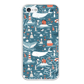 Чехол для iPhone 5/5S матовый с принтом Море и его жители в Новосибирске, Силикон | Область печати: задняя сторона чехла, без боковых панелей | киты | кораллы | маяк | море | морская тема | морские символы | паттерн | чайка