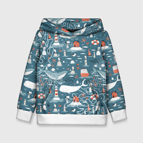 Детская толстовка 3D с принтом Море и его жители в Новосибирске, 100% полиэстер | двухслойный капюшон со шнурком для регулировки, мягкие манжеты на рукавах и по низу толстовки, спереди карман-кенгуру с мягким внутренним слоем | киты | кораллы | маяк | море | морская тема | морские символы | паттерн | чайка