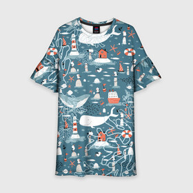 Детское платье 3D с принтом Море и его жители в Новосибирске, 100% полиэстер | прямой силуэт, чуть расширенный к низу. Круглая горловина, на рукавах — воланы | киты | кораллы | маяк | море | морская тема | морские символы | паттерн | чайка