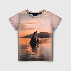 Детская футболка 3D с принтом касатки на закате в Новосибирске, 100% гипоаллергенный полиэфир | прямой крой, круглый вырез горловины, длина до линии бедер, чуть спущенное плечо, ткань немного тянется | ocean | orca | sea | sea animal | дельфин | закат | касатка | кит | море | океан | рисунок кита