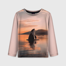 Детский лонгслив 3D с принтом касатки на закате в Новосибирске, 100% полиэстер | длинные рукава, круглый вырез горловины, полуприлегающий силуэт
 | Тематика изображения на принте: ocean | orca | sea | sea animal | дельфин | закат | касатка | кит | море | океан | рисунок кита