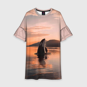 Детское платье 3D с принтом касатки на закате в Новосибирске, 100% полиэстер | прямой силуэт, чуть расширенный к низу. Круглая горловина, на рукавах — воланы | Тематика изображения на принте: ocean | orca | sea | sea animal | дельфин | закат | касатка | кит | море | океан | рисунок кита