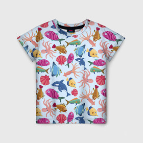 Детская футболка 3D с принтом Подводные существа в Новосибирске, 100% гипоаллергенный полиэфир | прямой крой, круглый вырез горловины, длина до линии бедер, чуть спущенное плечо, ткань немного тянется | дельфины | кальмары | морские животные | морские обитатели | осьминоги | ракушки | рыбы