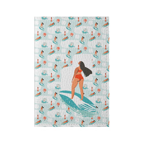 Обложка для паспорта матовая кожа с принтом Серфингистка в Новосибирске, натуральная матовая кожа | размер 19,3 х 13,7 см; прозрачные пластиковые крепления | девушка | лето | море | паттерн | пляж | серфинг | серфингистка