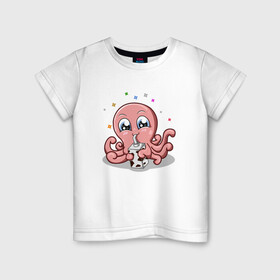Детская футболка хлопок с принтом Милый Осьминог в Новосибирске, 100% хлопок | круглый вырез горловины, полуприлегающий силуэт, длина до линии бедер | cute | octopus | милый | осьминог | осьминожка | тентакли