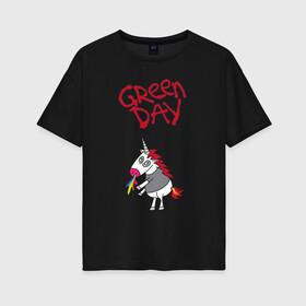 Женская футболка хлопок Oversize с принтом Green Day Unicorn в Новосибирске, 100% хлопок | свободный крой, круглый ворот, спущенный рукав, длина до линии бедер
 | Тематика изображения на принте: billie joe armstrong | green day | punk | rock | unicorn | билли джо | грин дей | панк | рок