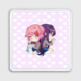 Магнит 55*55 с принтом Chibi Natsuki and Yuri в Новосибирске, Пластик | Размер: 65*65 мм; Размер печати: 55*55 мм | ddlc | doki doki literature club | natsuki | yuri | натсуки | нацуки | юри