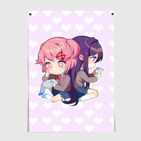 Постер с принтом Chibi Natsuki and Yuri в Новосибирске, 100% бумага
 | бумага, плотность 150 мг. Матовая, но за счет высокого коэффициента гладкости имеет небольшой блеск и дает на свету блики, но в отличии от глянцевой бумаги не покрыта лаком | ddlc | doki doki literature club | natsuki | yuri | натсуки | нацуки | юри