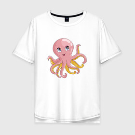 Мужская футболка хлопок Oversize с принтом Осьминожка в Новосибирске, 100% хлопок | свободный крой, круглый ворот, “спинка” длиннее передней части | Тематика изображения на принте: cute | octopus | милый | осьминог | осьминожка | тентакли