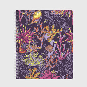 Тетрадь с принтом Кораллы в Новосибирске, 100% бумага | 48 листов, плотность листов — 60 г/м2, плотность картонной обложки — 250 г/м2. Листы скреплены сбоку удобной пружинной спиралью. Уголки страниц и обложки скругленные. Цвет линий — светло-серый
 | кораллы | море | морская тема | морские раковины | морские символы | ракушка | растения