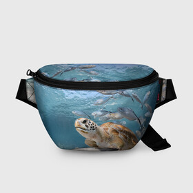 Поясная сумка 3D с принтом Морская черепаха в Новосибирске, 100% полиэстер | плотная ткань, ремень с регулируемой длиной, внутри несколько карманов для мелочей, основное отделение и карман с обратной стороны сумки застегиваются на молнию | море | морская | океан | подводный мир | рыбы | черепаха