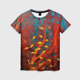 Женская футболка 3D с принтом Коралловые рыбки в Новосибирске, 100% полиэфир ( синтетическое хлопкоподобное полотно) | прямой крой, круглый вырез горловины, длина до линии бедер | коралловые | море | океан | подводный мир | рифы | рыбки | рыбы