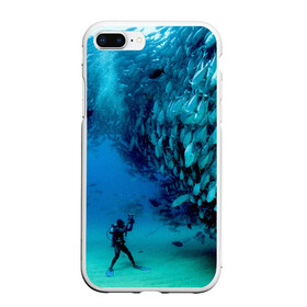 Чехол для iPhone 7Plus/8 Plus матовый с принтом Фото дайвинг в Новосибирске, Силикон | Область печати: задняя сторона чехла, без боковых панелей | дайвер | косяк | море | океан | подводный мир | рыбки | рыбы | фото дайвинг