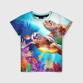 Детская футболка 3D с принтом Морские черепахи в Новосибирске, 100% гипоаллергенный полиэфир | прямой крой, круглый вырез горловины, длина до линии бедер, чуть спущенное плечо, ткань немного тянется | коралловые | море | морские | океан | подводный мир | рифы | рыбки | рыбы | черепахи