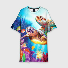 Детское платье 3D с принтом Морские черепахи в Новосибирске, 100% полиэстер | прямой силуэт, чуть расширенный к низу. Круглая горловина, на рукавах — воланы | коралловые | море | морские | океан | подводный мир | рифы | рыбки | рыбы | черепахи