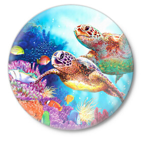 Значок с принтом Морские черепахи в Новосибирске,  металл | круглая форма, металлическая застежка в виде булавки | Тематика изображения на принте: коралловые | море | морские | океан | подводный мир | рифы | рыбки | рыбы | черепахи