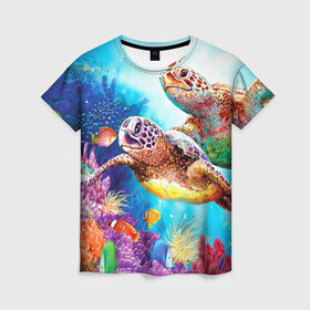Женская футболка 3D с принтом Морские черепахи в Новосибирске, 100% полиэфир ( синтетическое хлопкоподобное полотно) | прямой крой, круглый вырез горловины, длина до линии бедер | коралловые | море | морские | океан | подводный мир | рифы | рыбки | рыбы | черепахи
