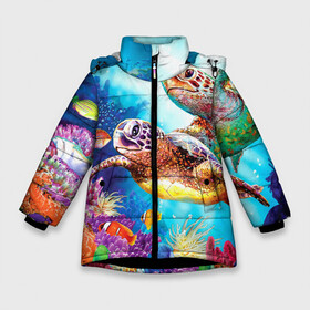Зимняя куртка для девочек 3D с принтом Морские черепахи в Новосибирске, ткань верха — 100% полиэстер; подклад — 100% полиэстер, утеплитель — 100% полиэстер. | длина ниже бедра, удлиненная спинка, воротник стойка и отстегивающийся капюшон. Есть боковые карманы с листочкой на кнопках, утяжки по низу изделия и внутренний карман на молнии. 

Предусмотрены светоотражающий принт на спинке, радужный светоотражающий элемент на пуллере молнии и на резинке для утяжки. | коралловые | море | морские | океан | подводный мир | рифы | рыбки | рыбы | черепахи