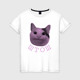 Женская футболка хлопок с принтом штош в Новосибирске, 100% хлопок | прямой крой, круглый вырез горловины, длина до линии бедер, слегка спущенное плечо | кот | меме | прикол | штош | юмор