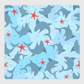 Магнитный плакат 3Х3 с принтом Акулы паттерн в Новосибирске, Полимерный материал с магнитным слоем | 9 деталей размером 9*9 см | Тематика изображения на принте: shark | акула | акулы | жители | клыки | море | морские | океан | рыба