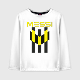 Детский лонгслив хлопок с принтом Желто-черный образ лого Messi в Новосибирске, 100% хлопок | круглый вырез горловины, полуприлегающий силуэт, длина до линии бедер | argentina | barca | barcelona | fc barcelona | lionel messi | spain | sport | uefa | аргентина | барса | барселона | золотой мяч | игрок | испания | камп ноу | лео месси | лионель месси | мяч | спорт | тренер | уефа 