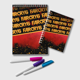 Блокнот с принтом Far Cry 6 в Новосибирске, 100% бумага | 48 листов, плотность листов — 60 г/м2, плотность картонной обложки — 250 г/м2. Листы скреплены удобной пружинной спиралью. Цвет линий — светло-серый
 | far cry 6 | дым | игра | капли | лого | надпись | частицы