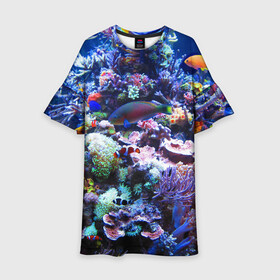 Детское платье 3D с принтом Коралловые рыбки в Новосибирске, 100% полиэстер | прямой силуэт, чуть расширенный к низу. Круглая горловина, на рукавах — воланы | коралловые | кораллы | море | морские обитатели | океан | подводный мир | рыбки