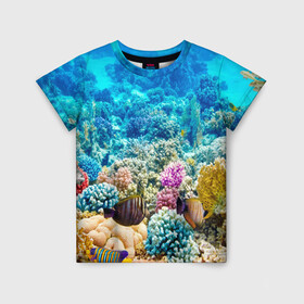 Детская футболка 3D с принтом Риф в Новосибирске, 100% гипоаллергенный полиэфир | прямой крой, круглый вырез горловины, длина до линии бедер, чуть спущенное плечо, ткань немного тянется | коралловый риф | полосатые рыбы | риф | рыбы | сказочный риф