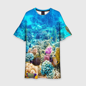 Детское платье 3D с принтом Риф в Новосибирске, 100% полиэстер | прямой силуэт, чуть расширенный к низу. Круглая горловина, на рукавах — воланы | коралловый риф | полосатые рыбы | риф | рыбы | сказочный риф