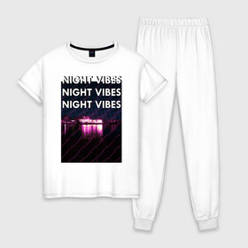 Женская пижама хлопок с принтом Ночная гладь в Новосибирске, 100% хлопок | брюки и футболка прямого кроя, без карманов, на брюках мягкая резинка на поясе и по низу штанин | neon | night city | retrowave | вода | неон | ночь | отражение | полосы | ретровейв | свет