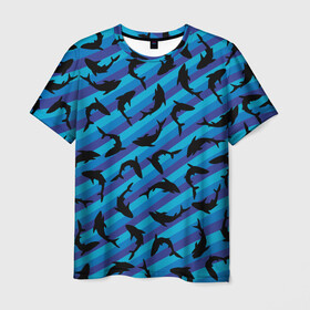 Мужская футболка 3D с принтом Черные акулы паттерн в Новосибирске, 100% полиэфир | прямой крой, круглый вырез горловины, длина до линии бедер | Тематика изображения на принте: black | shark | акула | акулы | жители | клыки | море | морские | океан | паттерн | рыба | черные