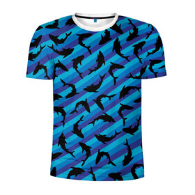 Мужская футболка 3D спортивная с принтом Черные акулы паттерн в Новосибирске, 100% полиэстер с улучшенными характеристиками | приталенный силуэт, круглая горловина, широкие плечи, сужается к линии бедра | Тематика изображения на принте: black | shark | акула | акулы | жители | клыки | море | морские | океан | паттерн | рыба | черные