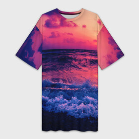Платье-футболка 3D с принтом Закат на берегу в Новосибирске,  |  | берег | волны | закат | море | пляж