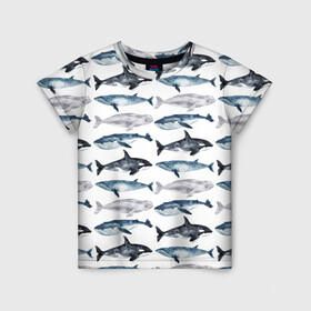 Детская футболка 3D с принтом киты в Новосибирске, 100% гипоаллергенный полиэфир | прямой крой, круглый вырез горловины, длина до линии бедер, чуть спущенное плечо, ткань немного тянется | ocean | sea | касатки | киты | море | морские мотивы | морской принт | морской фон | океан | паттерн | рыбы | текстуры