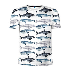 Мужская футболка 3D спортивная с принтом киты в Новосибирске, 100% полиэстер с улучшенными характеристиками | приталенный силуэт, круглая горловина, широкие плечи, сужается к линии бедра | ocean | sea | касатки | киты | море | морские мотивы | морской принт | морской фон | океан | паттерн | рыбы | текстуры