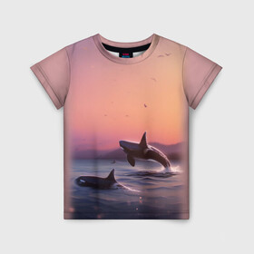 Детская футболка 3D с принтом касатки в Новосибирске, 100% гипоаллергенный полиэфир | прямой крой, круглый вырез горловины, длина до линии бедер, чуть спущенное плечо, ткань немного тянется | Тематика изображения на принте: ocean | orca | sea | sea animal | дельфин | закат | касатка | кит | море | океан | рисунок кита