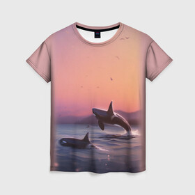 Женская футболка 3D с принтом касатки в Новосибирске, 100% полиэфир ( синтетическое хлопкоподобное полотно) | прямой крой, круглый вырез горловины, длина до линии бедер | ocean | orca | sea | sea animal | дельфин | закат | касатка | кит | море | океан | рисунок кита