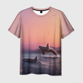 Мужская футболка 3D с принтом касатки в Новосибирске, 100% полиэфир | прямой крой, круглый вырез горловины, длина до линии бедер | Тематика изображения на принте: ocean | orca | sea | sea animal | дельфин | закат | касатка | кит | море | океан | рисунок кита