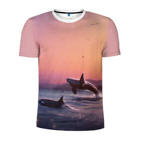 Мужская футболка 3D спортивная с принтом касатки в Новосибирске, 100% полиэстер с улучшенными характеристиками | приталенный силуэт, круглая горловина, широкие плечи, сужается к линии бедра | ocean | orca | sea | sea animal | дельфин | закат | касатка | кит | море | океан | рисунок кита