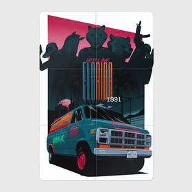 Магнитный плакат 2Х3 с принтом Hotline Florida 1991 в Новосибирске, Полимерный материал с магнитным слоем | 6 деталей размером 9*9 см | автомобиль | бирюзовый | горячая линия | градиенты | грузовик | зебра | маски | медведь. | ночь | пальмы | розовый | тигр | утки