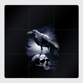 Магнитный плакат 3Х3 с принтом ЧЕРЕП И ВОРОН в Новосибирске, Полимерный материал с магнитным слоем | 9 деталей размером 9*9 см | birds | black | crown | death | horror | metal | skull | арт | ворон | зомби | кости | птицы | скелет | череп | черный