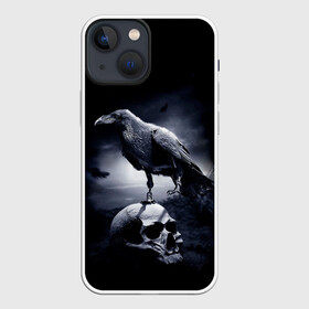 Чехол для iPhone 13 mini с принтом ЧЕРЕП И ВОРОН в Новосибирске,  |  | birds | black | crown | death | horror | metal | skull | арт | ворон | зомби | кости | птицы | скелет | череп | черный