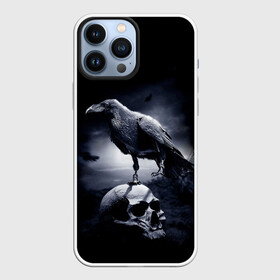 Чехол для iPhone 13 Pro Max с принтом ЧЕРЕП И ВОРОН в Новосибирске,  |  | birds | black | crown | death | horror | metal | skull | арт | ворон | зомби | кости | птицы | скелет | череп | черный