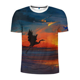 Мужская футболка 3D спортивная с принтом Прибрежный закат в Новосибирске, 100% полиэстер с улучшенными характеристиками | приталенный силуэт, круглая горловина, широкие плечи, сужается к линии бедра | журавль | закат | закат на пляже | море | пляж | прибрежный закат