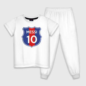Детская пижама хлопок с принтом Lionel Messi 10 эмблема с флагом в Новосибирске, 100% хлопок |  брюки и футболка прямого кроя, без карманов, на брюках мягкая резинка на поясе и по низу штанин
 | Тематика изображения на принте: argentina | barca | barcelona | fc barcelona | lionel messi | spain | sport | uefa | аргентина | барса | барселона | золотой мяч | игрок | испания | камп ноу | лео месси | лионель месси | мяч | спорт | тренер | уефа 