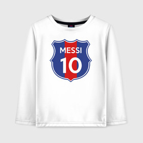 Детский лонгслив хлопок с принтом Lionel Messi 10 эмблема с флагом в Новосибирске, 100% хлопок | круглый вырез горловины, полуприлегающий силуэт, длина до линии бедер | argentina | barca | barcelona | fc barcelona | lionel messi | spain | sport | uefa | аргентина | барса | барселона | золотой мяч | игрок | испания | камп ноу | лео месси | лионель месси | мяч | спорт | тренер | уефа 